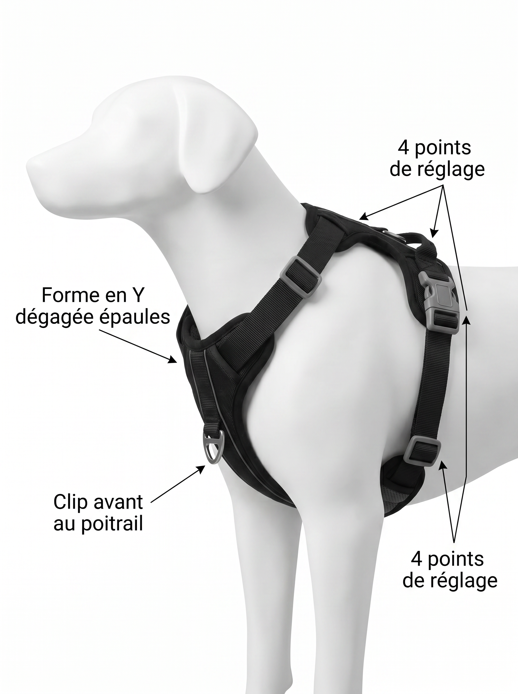 Harnais anti-traction chien — clip poitrail, forme en Y